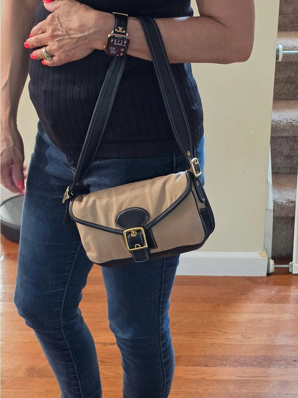 Coach Beige Mini Shoulder Bag with Black Trim and Gold Hardware